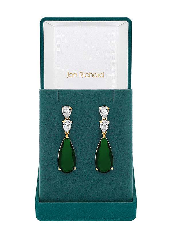 Jon Richard Gold Plated Cubic Zirconia Emerald Green Pear Drop Earrings  Gift Boxed