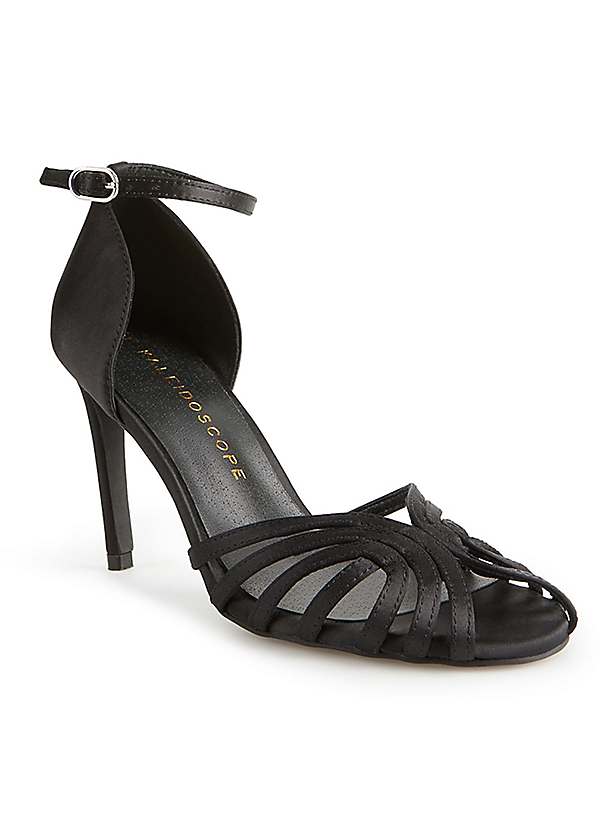 Kaleidoscope Black Satin Cut Out Ankle Strap Heeled Sandals