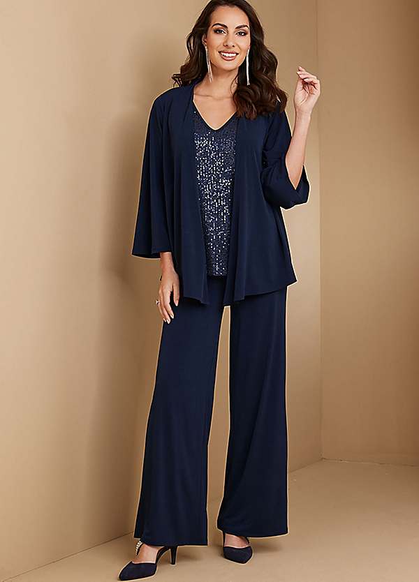 Elegant Dark Navy Chiffon 3-Piece Pants Suit Set for Mothers with Sequins  Tassel - Ideal for Weddings & Parties