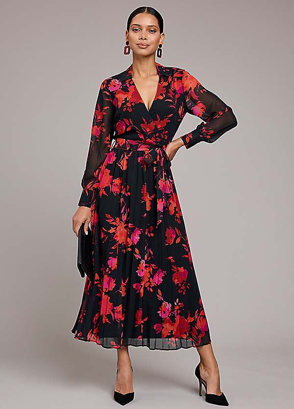 Kaleidoscope Red Floral Print Pleated Midi Dress Kaleidoscope