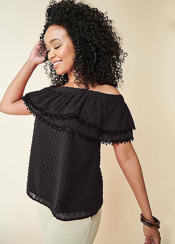 Black ruffle bardot top new arrivals