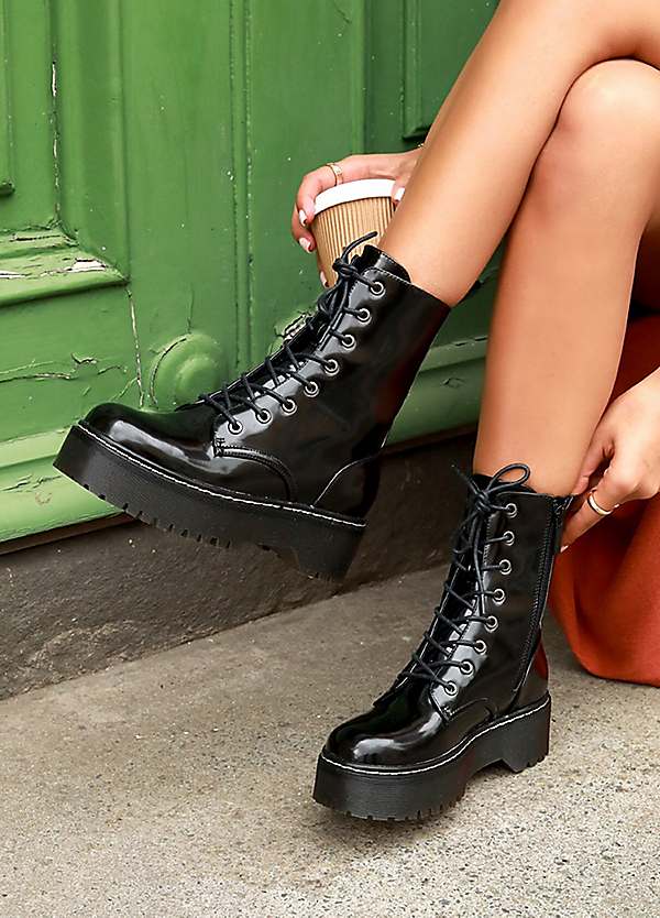 Linzi Hunter Black High Shine Faux Leather Chunky Military Boots