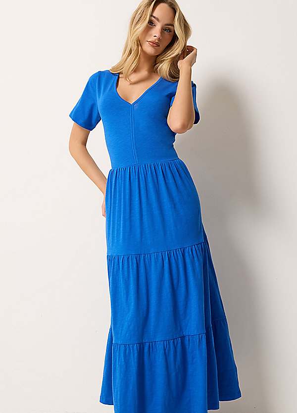 notch neck cotton maxi dress Notch-Neck Tiered Maxi Dress