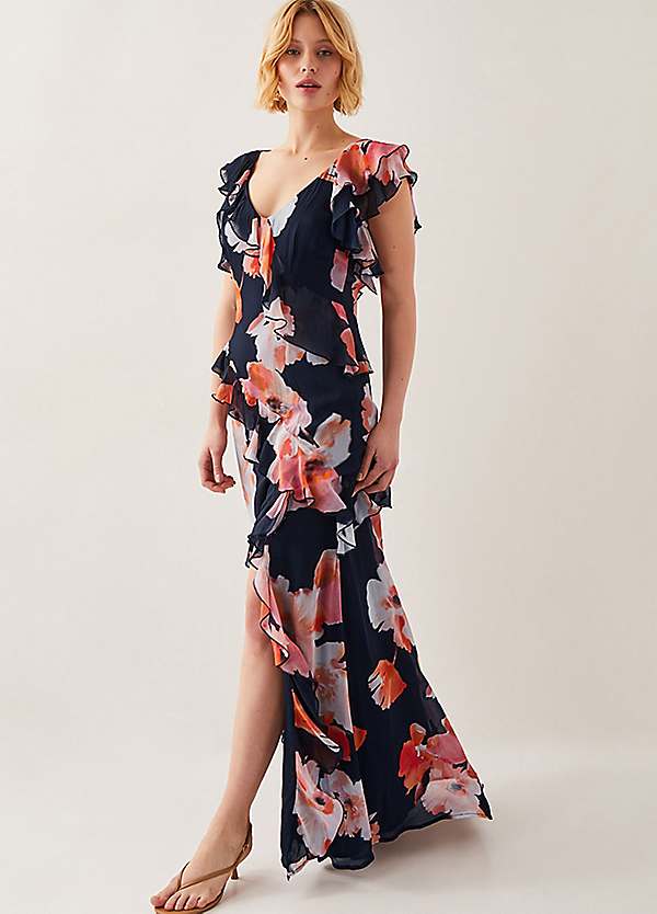 Monsoon Carrie Floral Ruffle Chiffon Maxi Dress Kaleidoscope