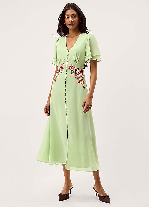 monsoon dresses Coraline Floral Embroidered Midi Dress Blue Cheetah Dress + category: Tops Color:Mocha Gold Floral