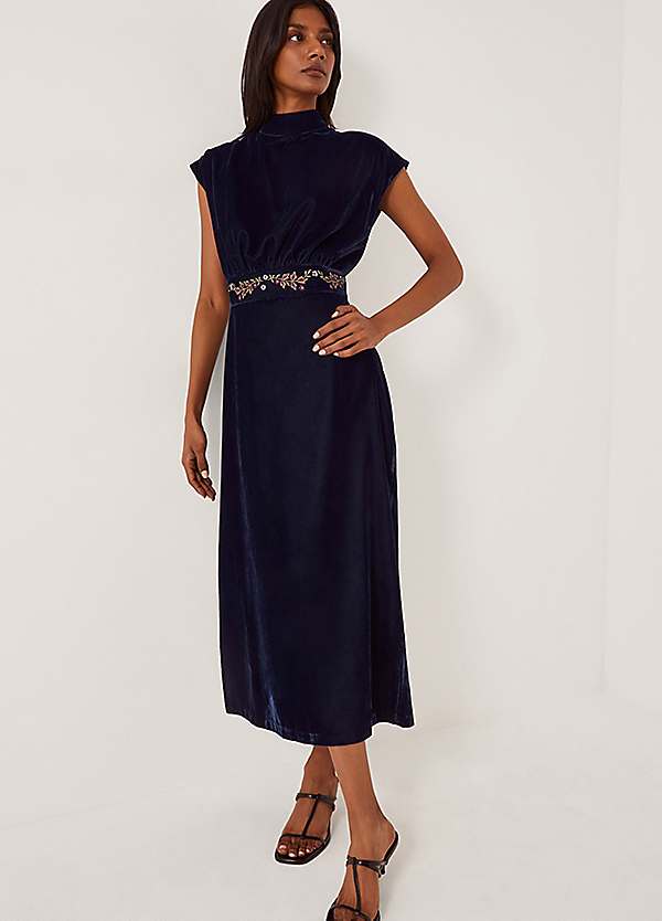 Monsoon Grace High Neck Embroidered Velvet Midi Dress
