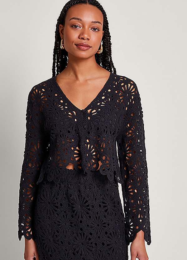 Crochet Black Lace Short Sleeve Cardigan Women's Black Lace