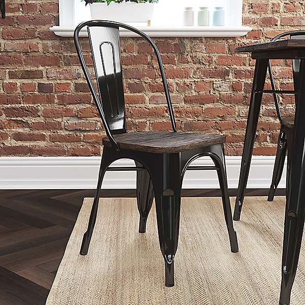 Pair Fusion Metal Dining Chairs, Distressed Black Metal Dining Chairs