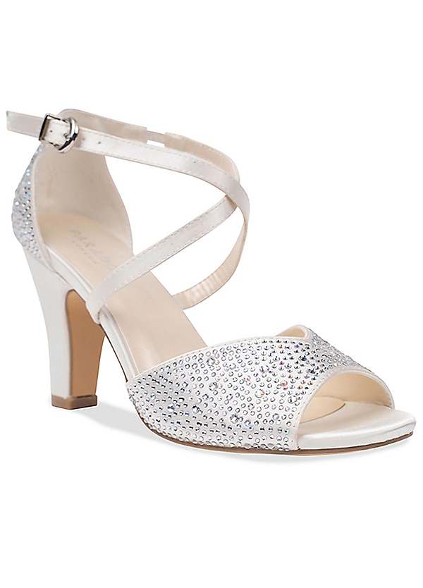 Paradox London Halo Ivory Satin Block Heel Crystal Sandals Kaleidoscope