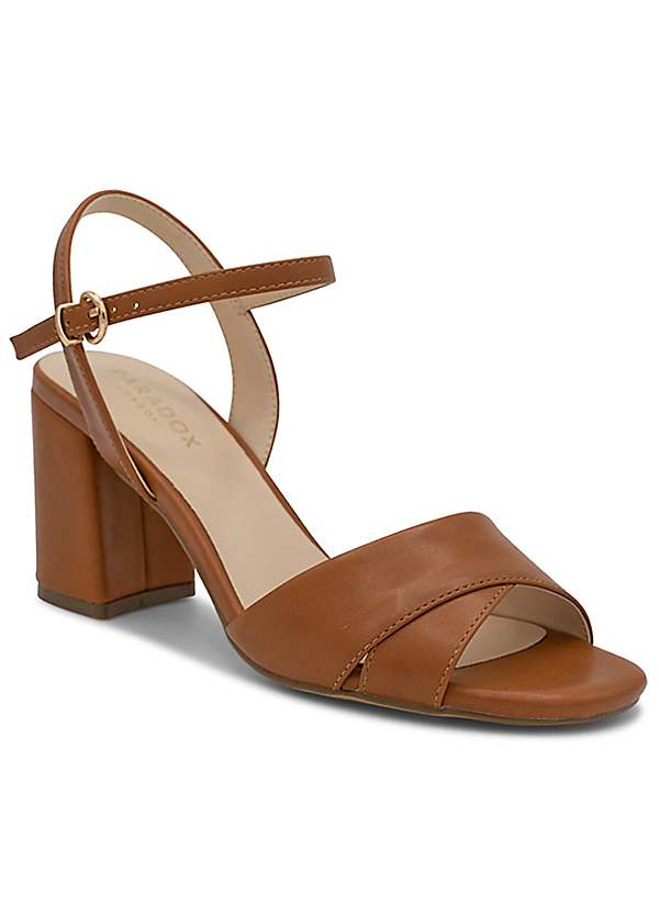 Paradox London Tan Itzy High Block Heel Ankle Strap Sandals Kaleidoscope