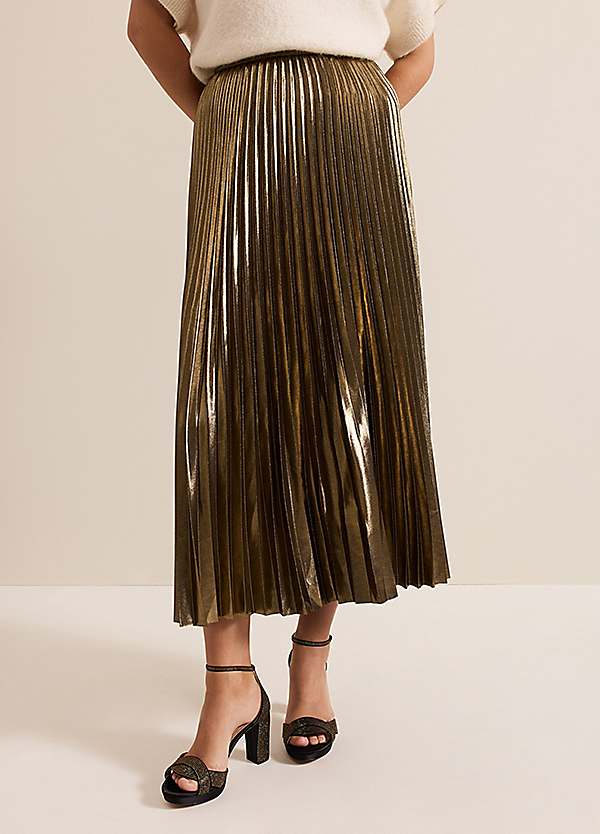 Phase Eight Dhalia Gold Foil Pleated Skirt Kaleidoscope