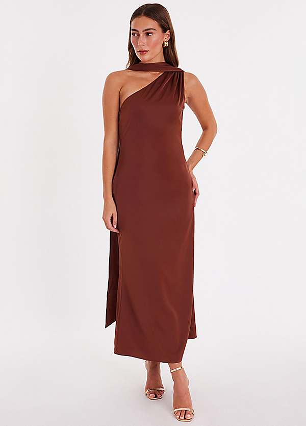 Quiz Brown Satin Midaxi Dress with Scarf Detail