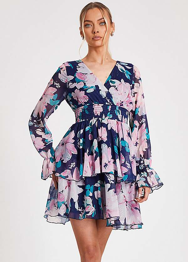 Quiz Floral Chiffon Lurex Tiered Mini Dress Kaleidoscope