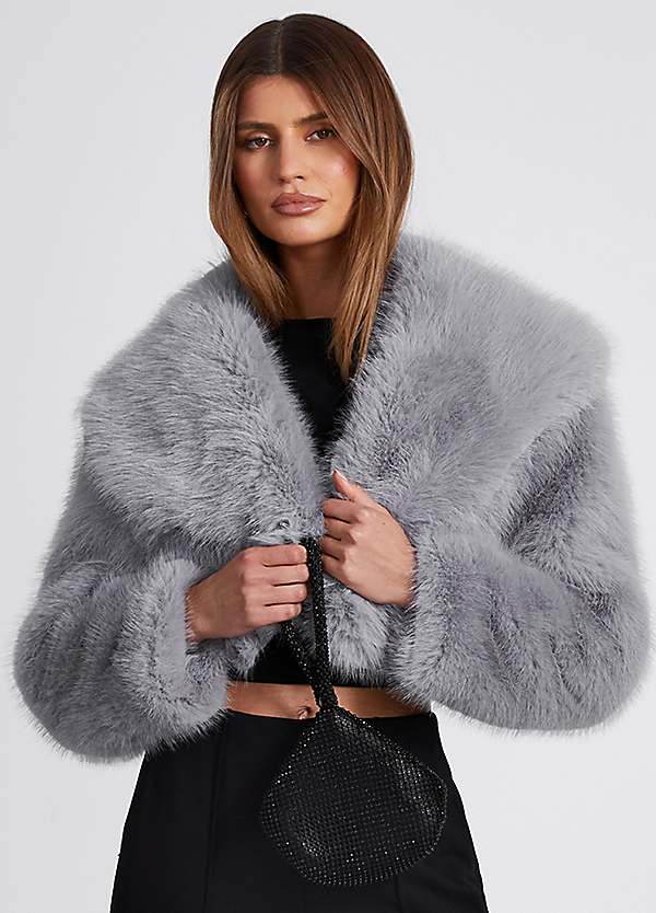 Quiz Grey Faux Fur Shawl Collar Cropped Jacket