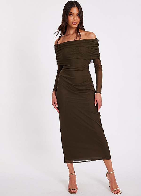 Quiz Khaki Mesh Bardot Ruched Long Sleeve Midi Dress | Kaleidoscope