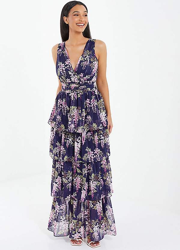 Quiz Navy Pink Floral Chiffon Wrap Tiered Maxi Dress