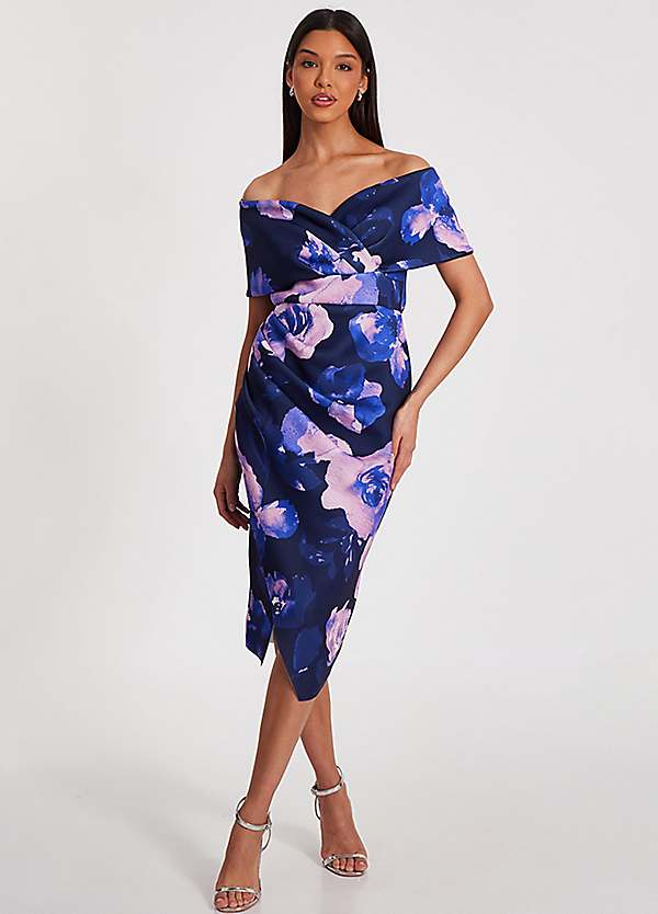 Quiz Scuba Floral Bardot Midi Dress Kaleidoscope
