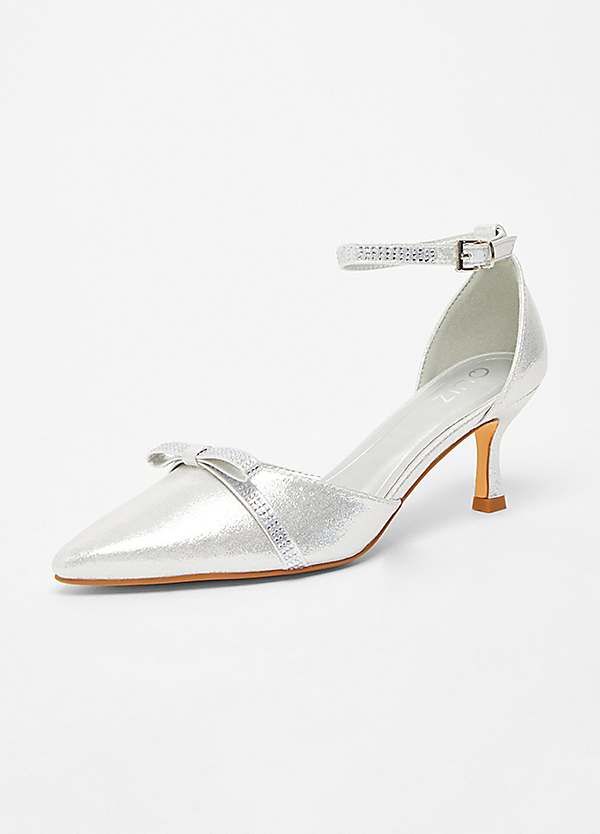 Quiz Silver Diamante Bow Low Heel Court Shoes Kaleidoscope