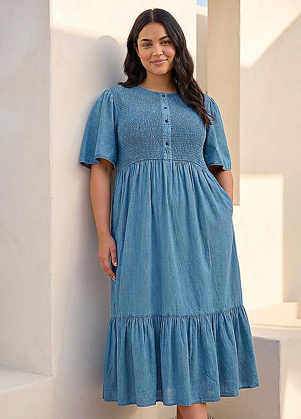 Roman Curve Denim Shirred Midi Dress
