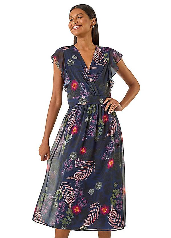Roman Floral Print Frill Midi Dress Kaleidoscope