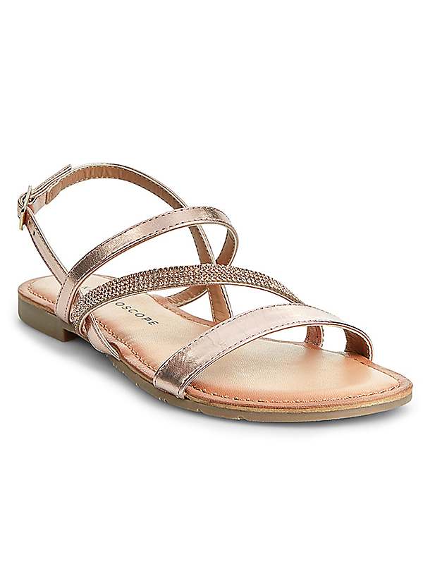 Rose Gold Tone Diamante Strap Leather Sandals by Kaleidoscope