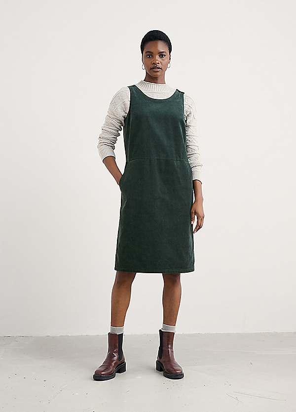Seasalt Cornwall Green Salt Weave Knee Length Denim Pinafore Dress |  Kaleidoscope