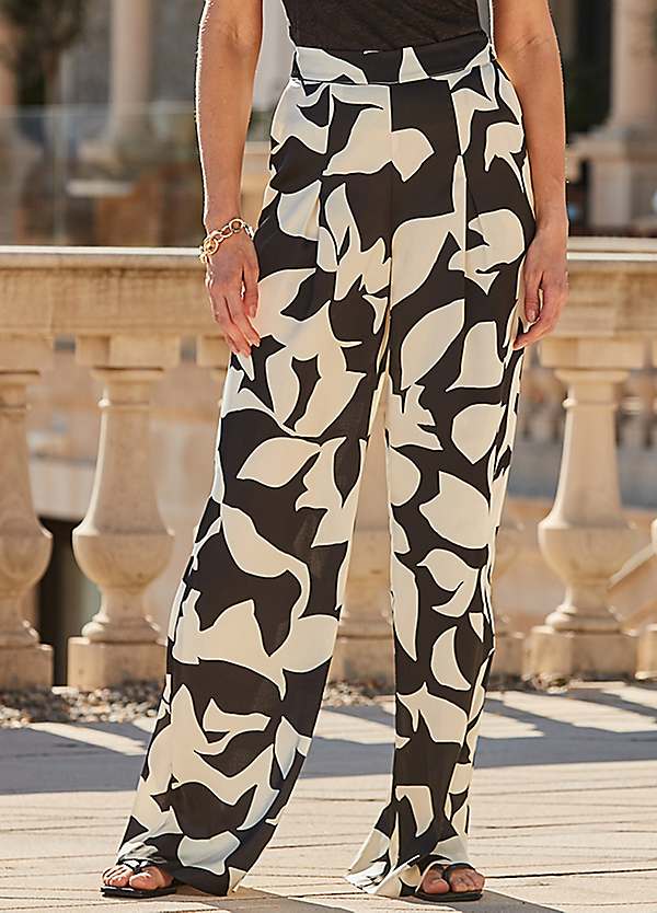 Sosandar Black Ivory Floral Print Satin Wide-Leg Trousers