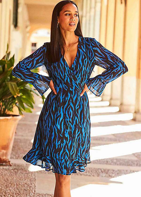 Sosandar Blue Zebra Print Wrap Dress | Kaleidoscope