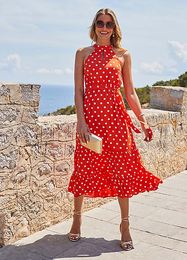 Sosandar Orange Spot Print Keyhole Detail Midi Dress | Kaleidoscope