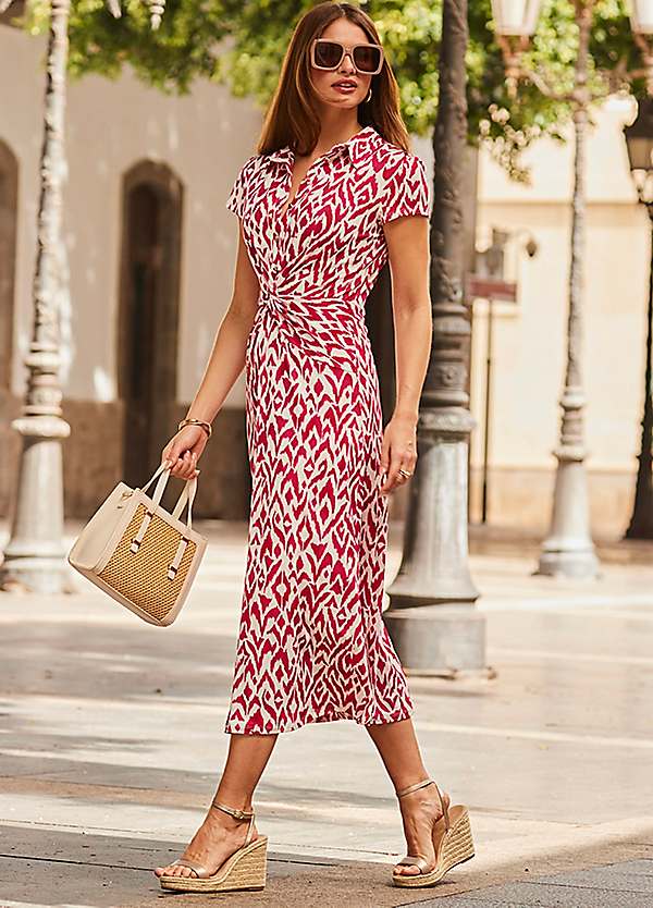 Sosandar Pink Abstract Print Twist Detail Midi Jersey Dress