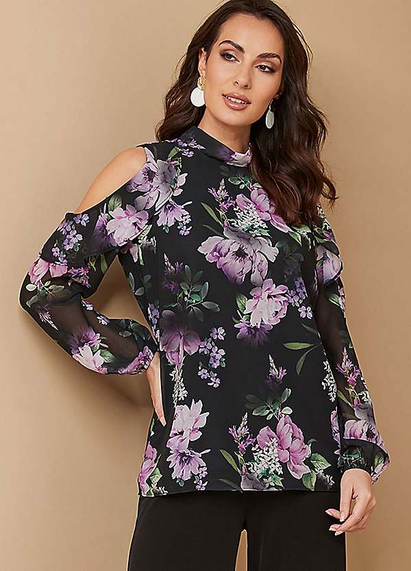 Together Occasion Dark Floral Printed Cold Shoulder Top