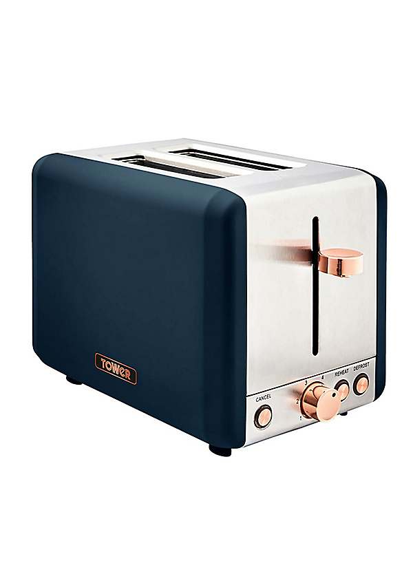 Tower T20036MNB Cavaletto 2-Slice Toaster with Defrost/Reheat, Stainless  Steel, 850W, Midnight Blue Rose Gold