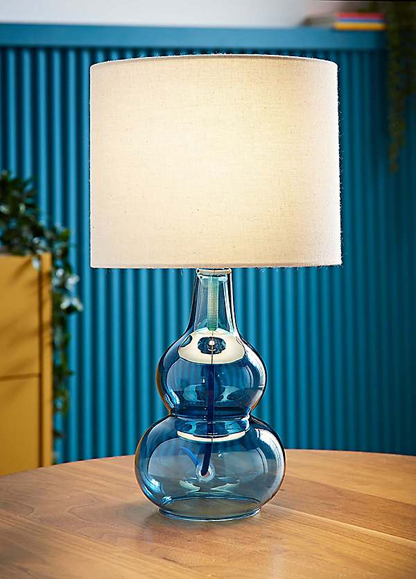ValueLights Aida Blue Bubble Glass Table Lamp With Linen Shade
