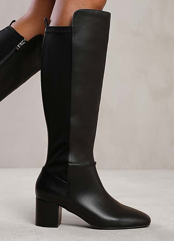 Where’s That From Beau Block Heel Knee High Boots with Side Zip in Black  Faux Leather