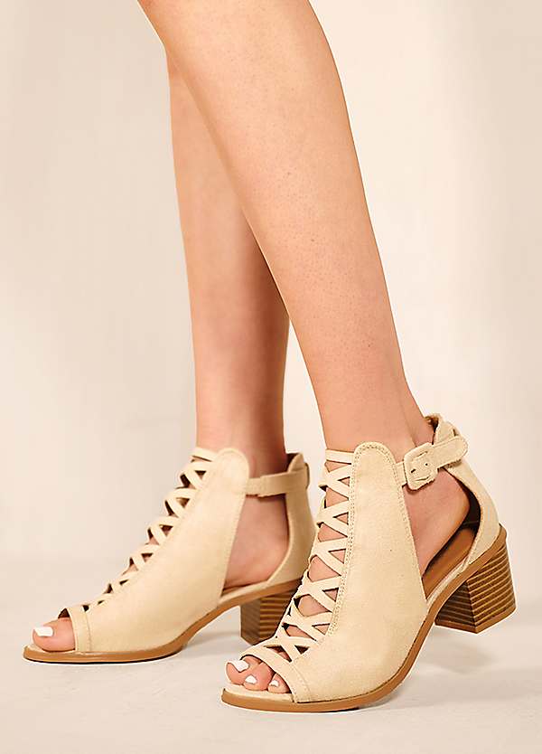 Where's That From Reydah Cream Suede Peep Toe Block Heel Sandals