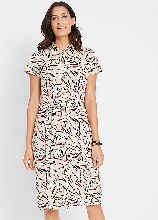 bonprix Short Sleeve Linen Blend Printed Shirt Dress